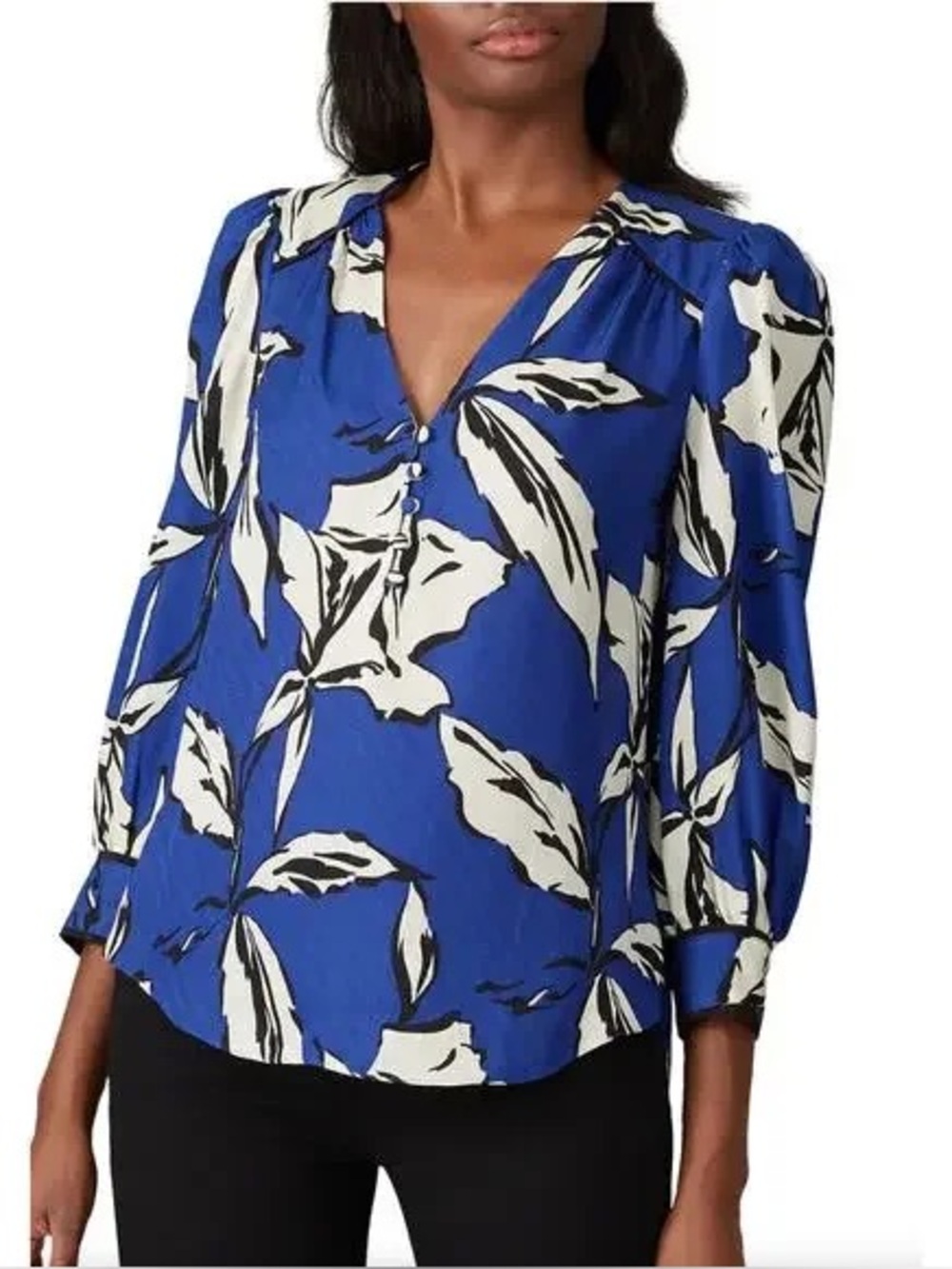 Veronica Beard Blue and White Floral-Leaf Button Front Blouse